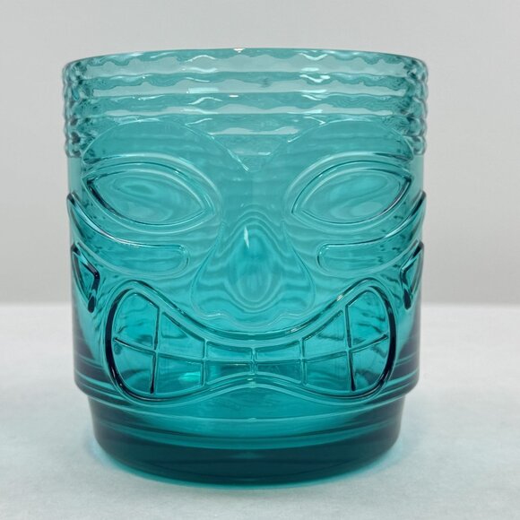 Set Of 4 Tiki Face Teal Blue Plastic Tumblers Ribbed Dishwasher Safe 16 oz - Picture 2 of 10